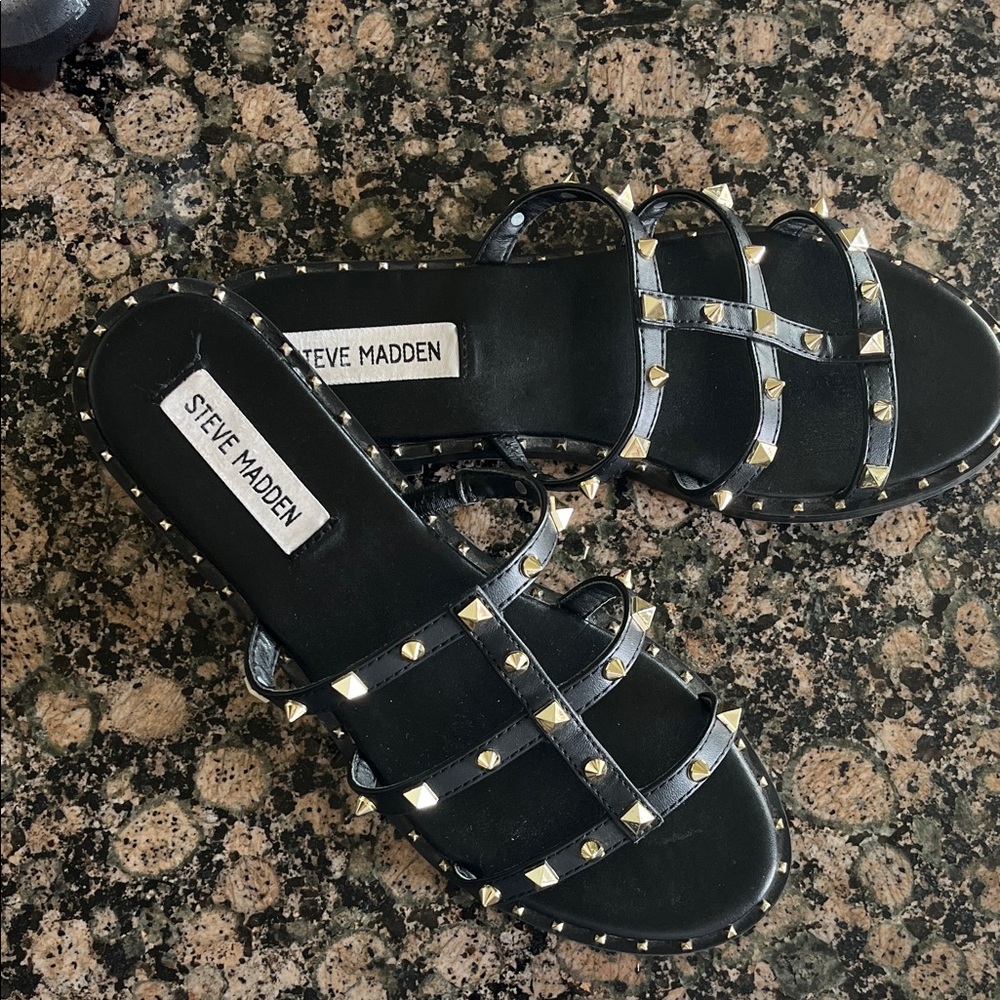 Steve Madden Black Slide Sandals with Silver Studs 7